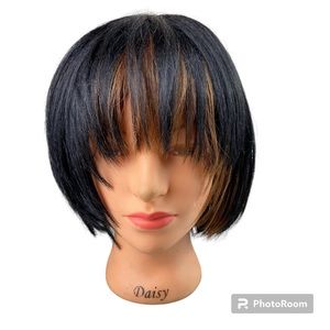 Diana Black bob wig with honey peek a boo highlights and bangs